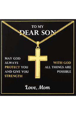 Gold Cross Necklace for Son 14K Plated 22in Box Chain Gift from Mom gallery image 1