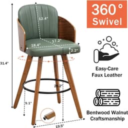 26″ Mid Century Swivel Counter Stool Faux Leather Walnut Kitchen Chair gallery image 2