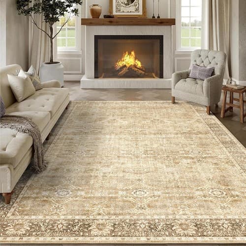 5×7 Beige Washable Rug Vintage Distressed Low Pile Non-Slip Soft Living Bedroom