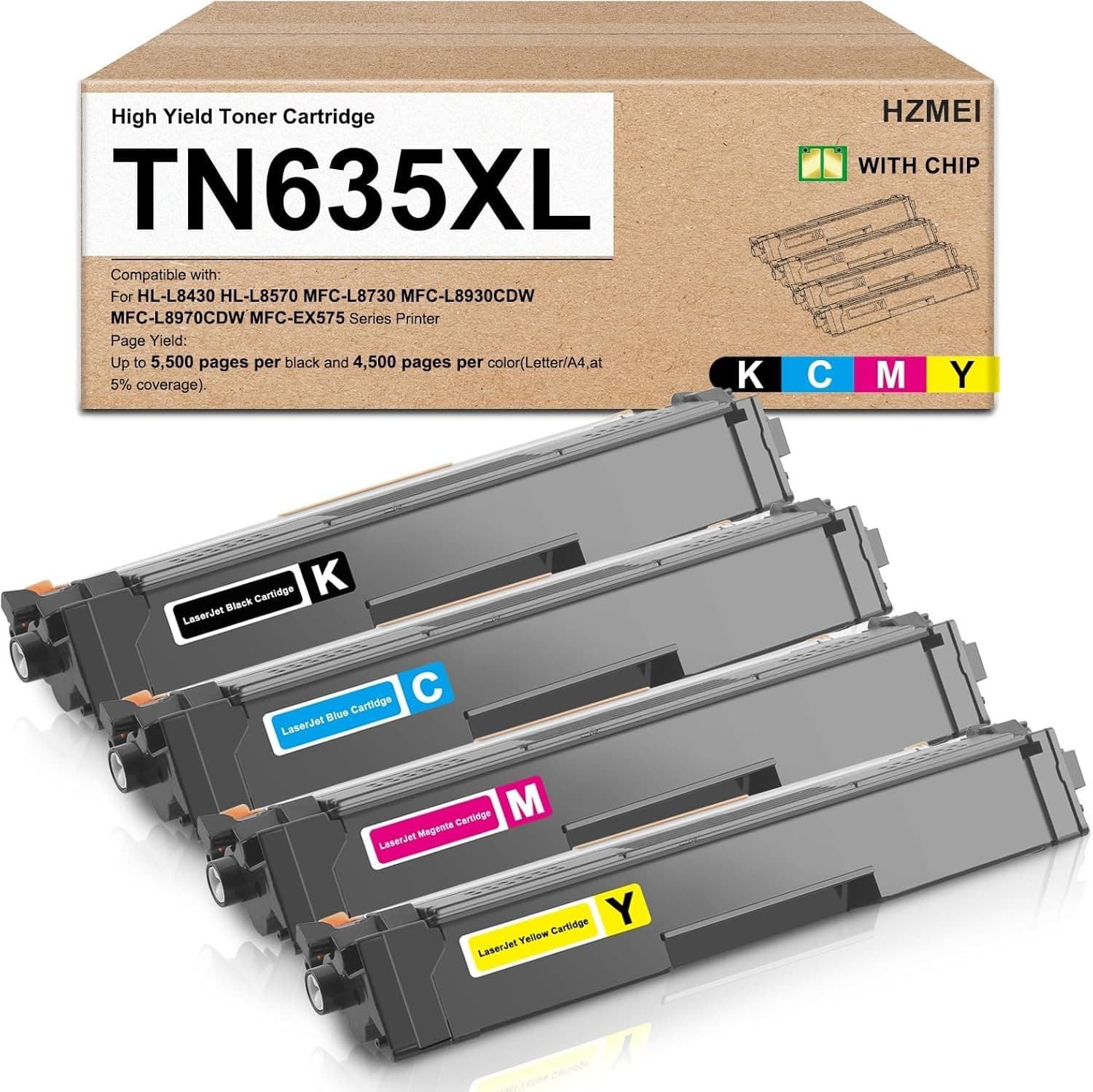TN635XL High Yield Toner Cartridge 4 Pack Compatible Color Laser Printers