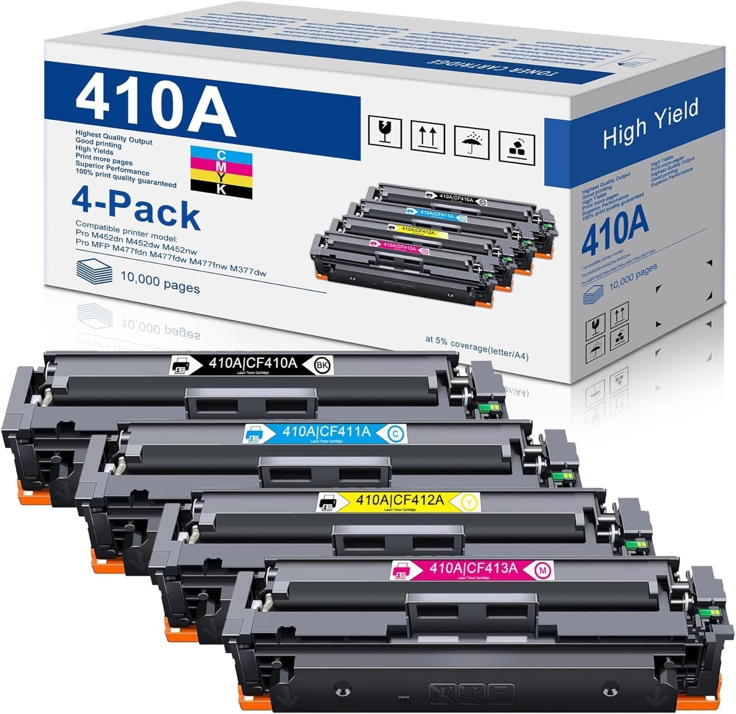 410A High Yield Toner Cartridge 4 Pack for M377 M477 M452 Printers CMYK