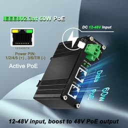 Industrial 60W PoE Injector Gigabit IEEE802.3at 48V DC 12-48V DIN Rail Mount gallery image 3