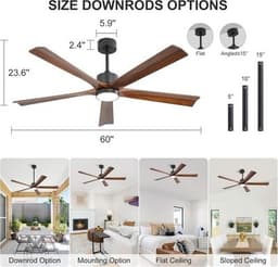 Modern Farmhouse Ceiling Fans Dark walnut 60in Solid Wood Ceiling Fan Light & Re gallery image 5