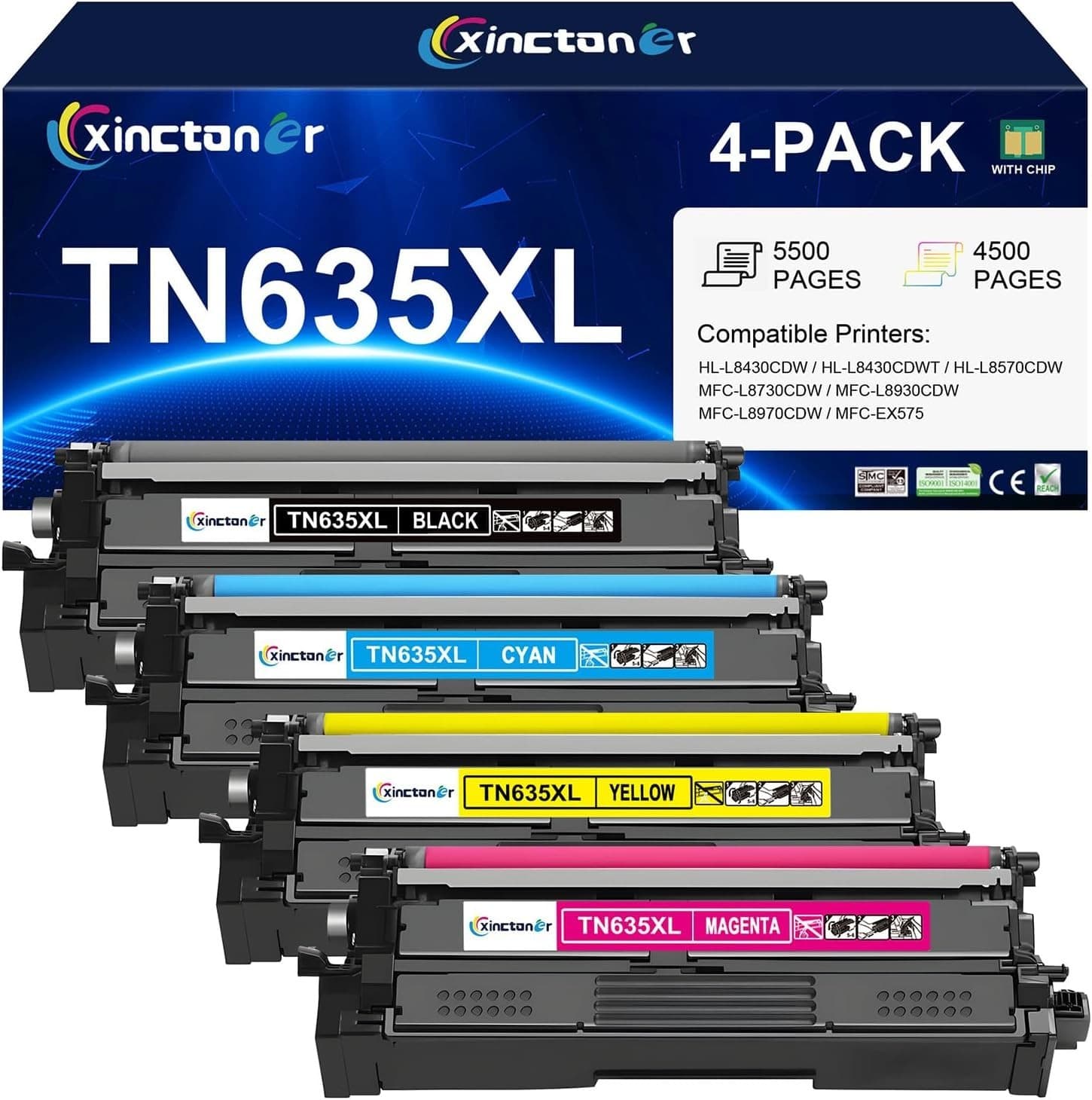 TN635XL Toner Cartridge 4 Pack High Yield w Chip for HL L8430CDW MFC