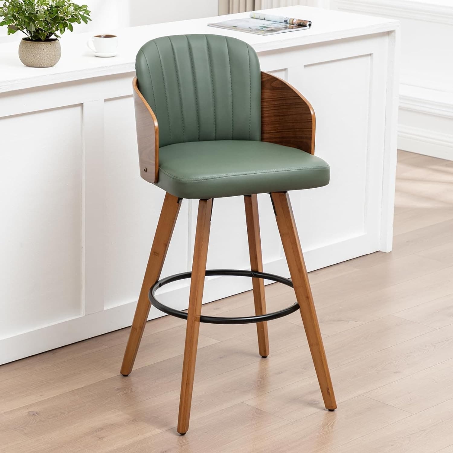 26″ Mid Century Swivel Counter Stool Faux Leather Walnut Kitchen Chair