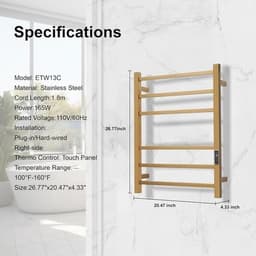 Hose Reels & Storage Square Gold With Timer Etw13c Electric Heated Towel Warmer gallery image 3