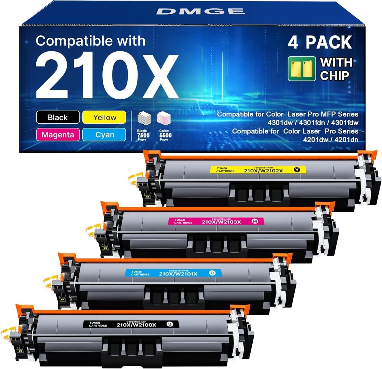 210X High Yield Toner 4 Pack w Chip for Color Laser Pro 4301 4201 Series Printer