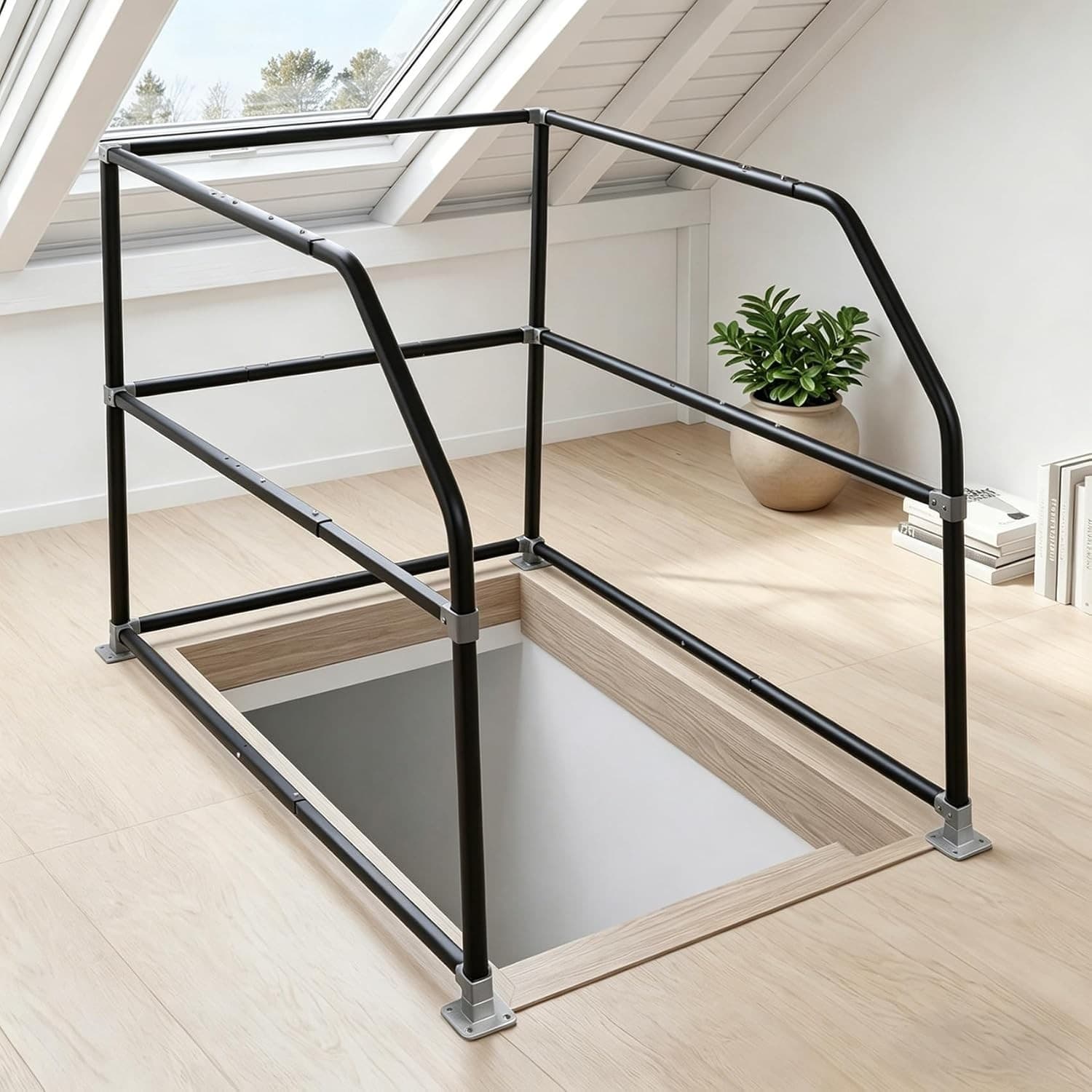 ZHDZKJ Adjustable Attic Ladder Safety Railing 3-Sided Black Handrail