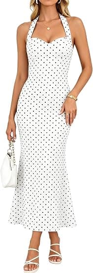 FOMELY Women's Polka Dot Halter Maxi Dress White Black Size XL