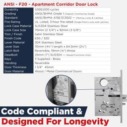 OAKMOORE Grade 1 F20 Commercial Mortise Lock Set Satin Stainless Steel gallery image 4