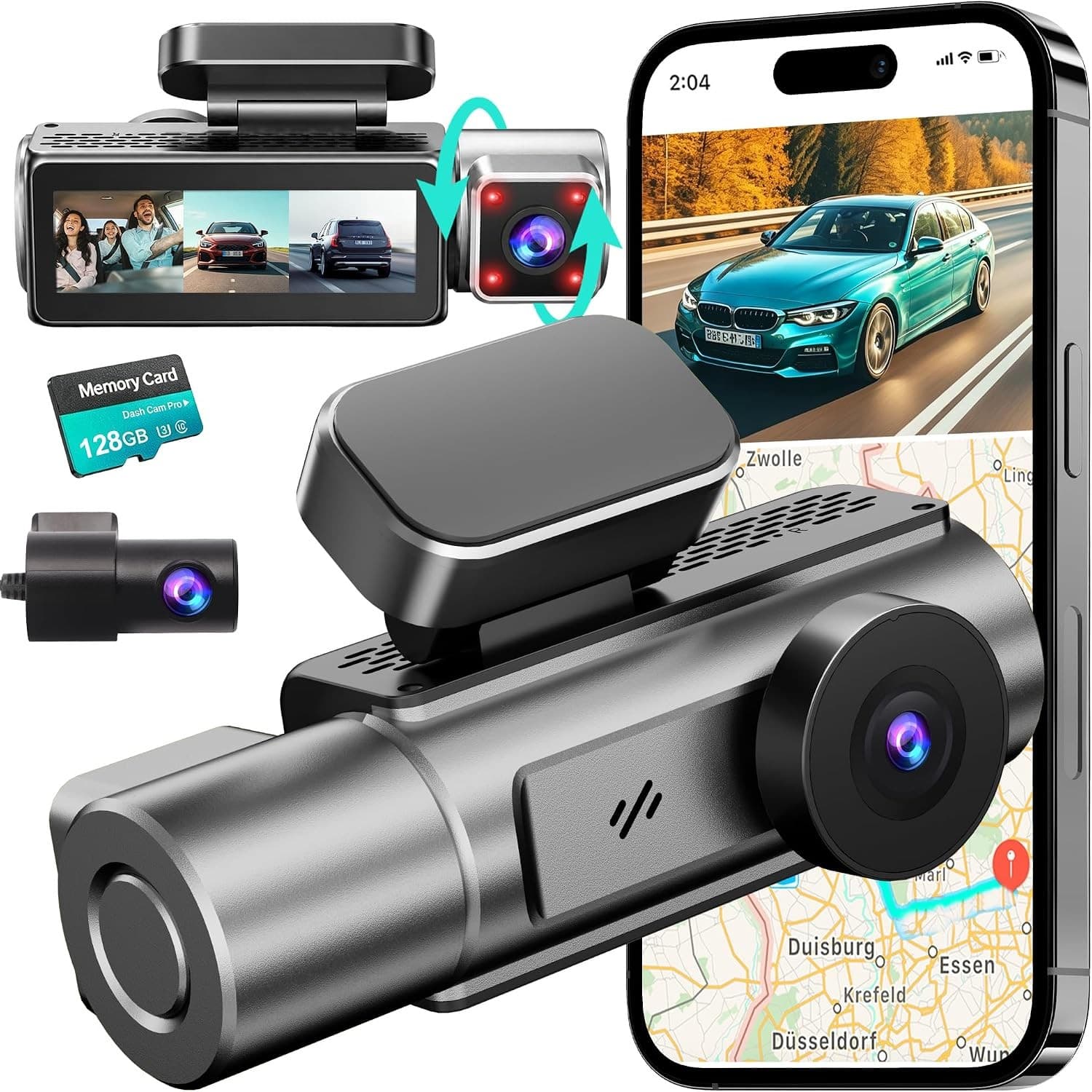 DKGEA C30-4K 3-Channel Dash Cam Front Rear Cabin 128GB WiFi