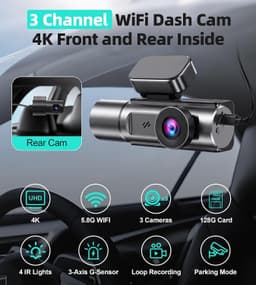 DKGEA C30-4K 3-Channel Dash Cam Front Rear Cabin 128GB WiFi gallery image 3