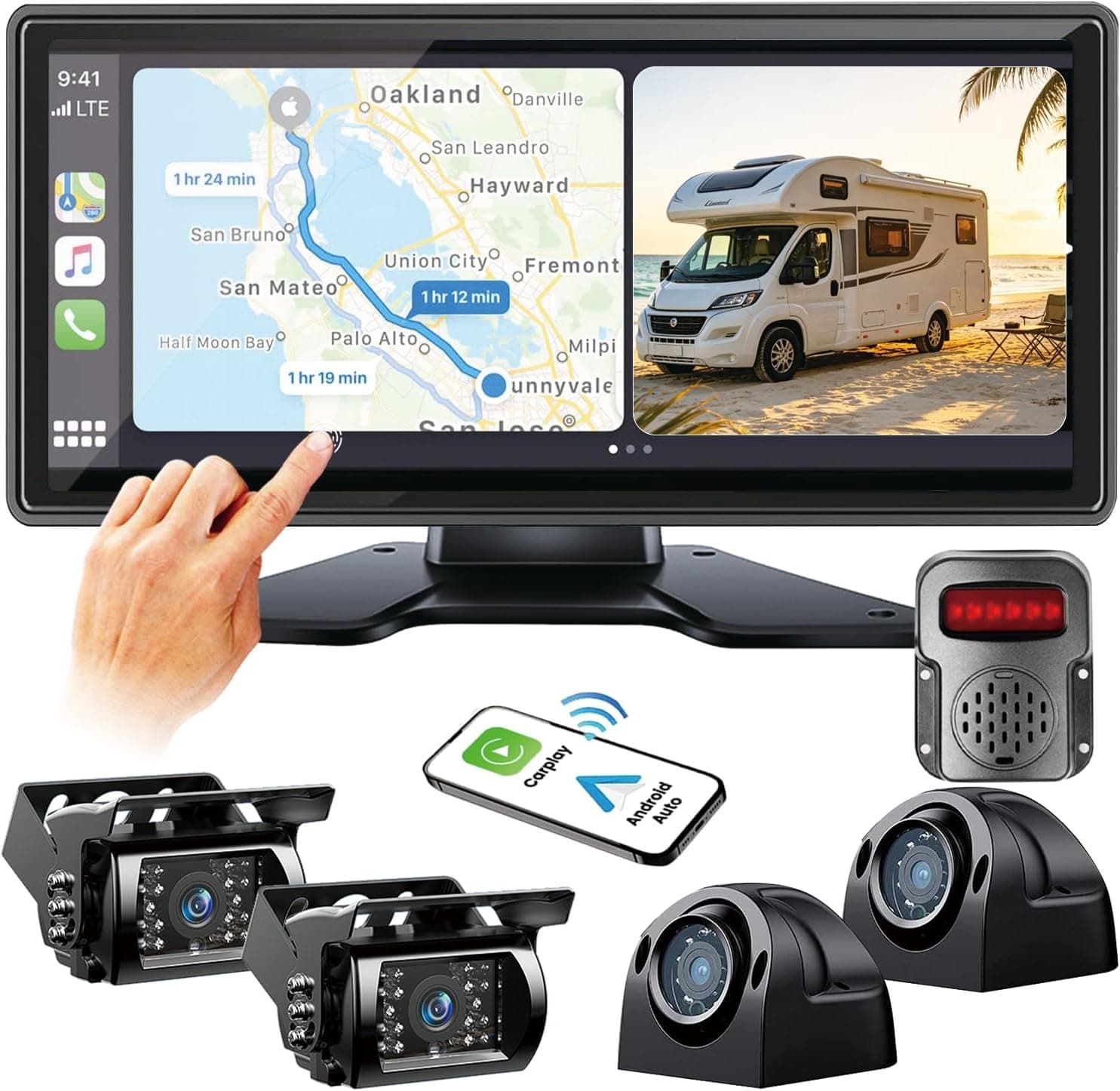 RVInWest 10.36in RV Backup Camera System 4 Cameras CarPlay Android Auto