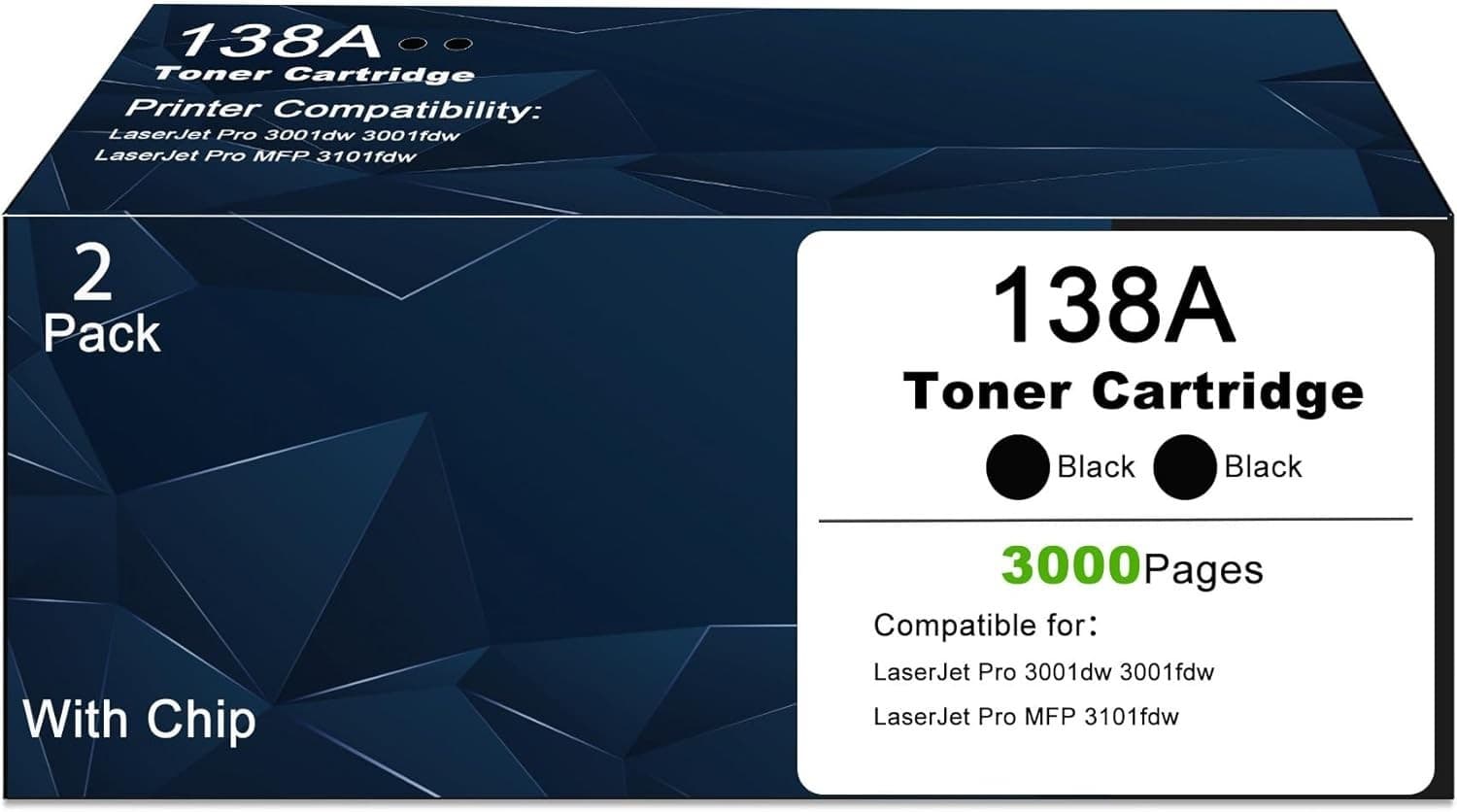 138A Black Toner Cartridge with Chip High Yield 2 Pack for Laser Printers
