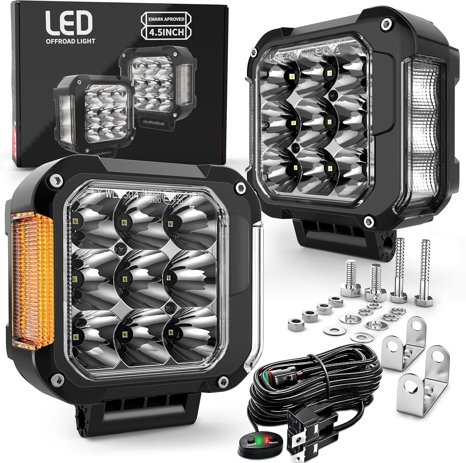 4.5in 270° Wide Beam LED Pod Lights w Amber Side Marker Off Road Truck ATV