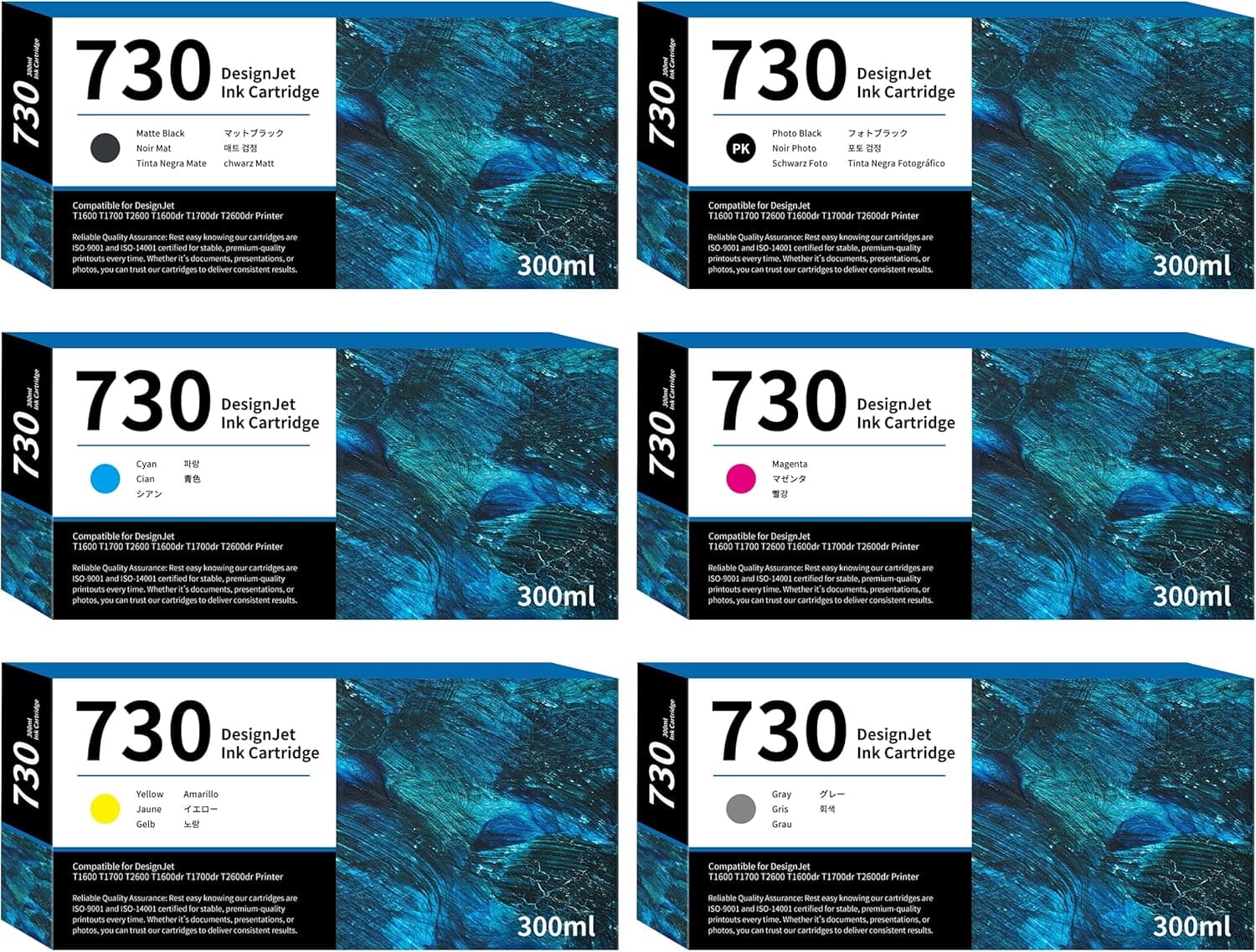 DesignJet 730 Ink Cartridge 6-Pack (MK/PK/G/C/M/Y) Ink Cartridges Matte Black/Ph