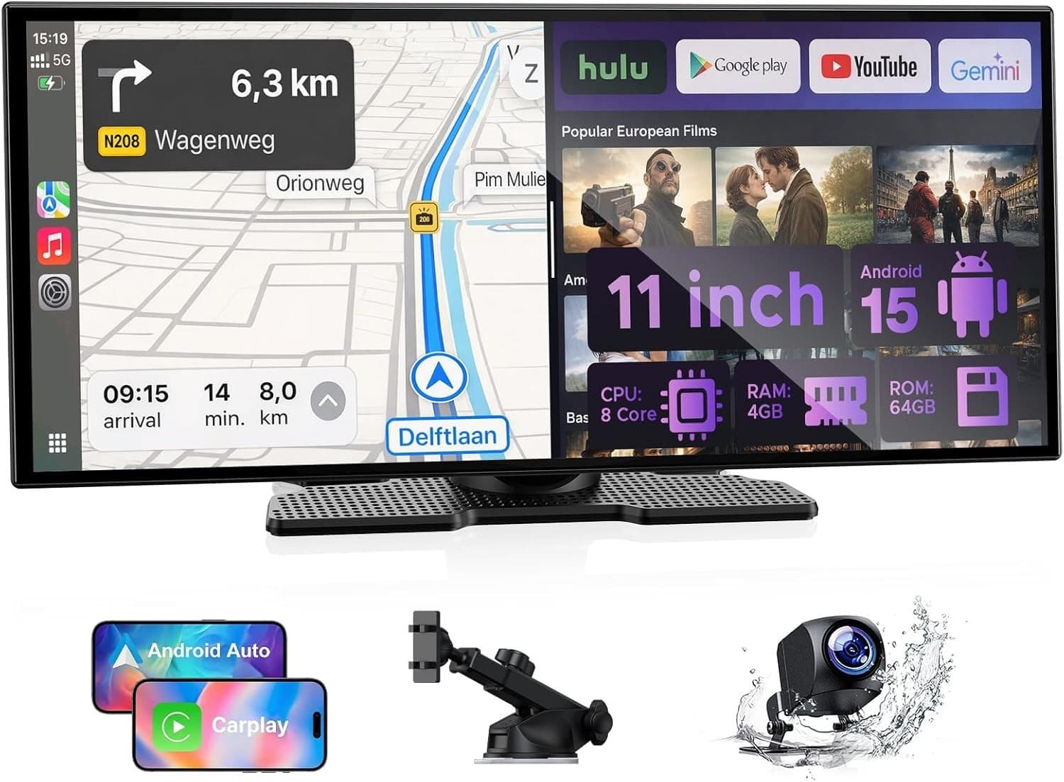 11 Inch Wireless CarPlay Android Auto Screen GPS DVR Backup Camera Display