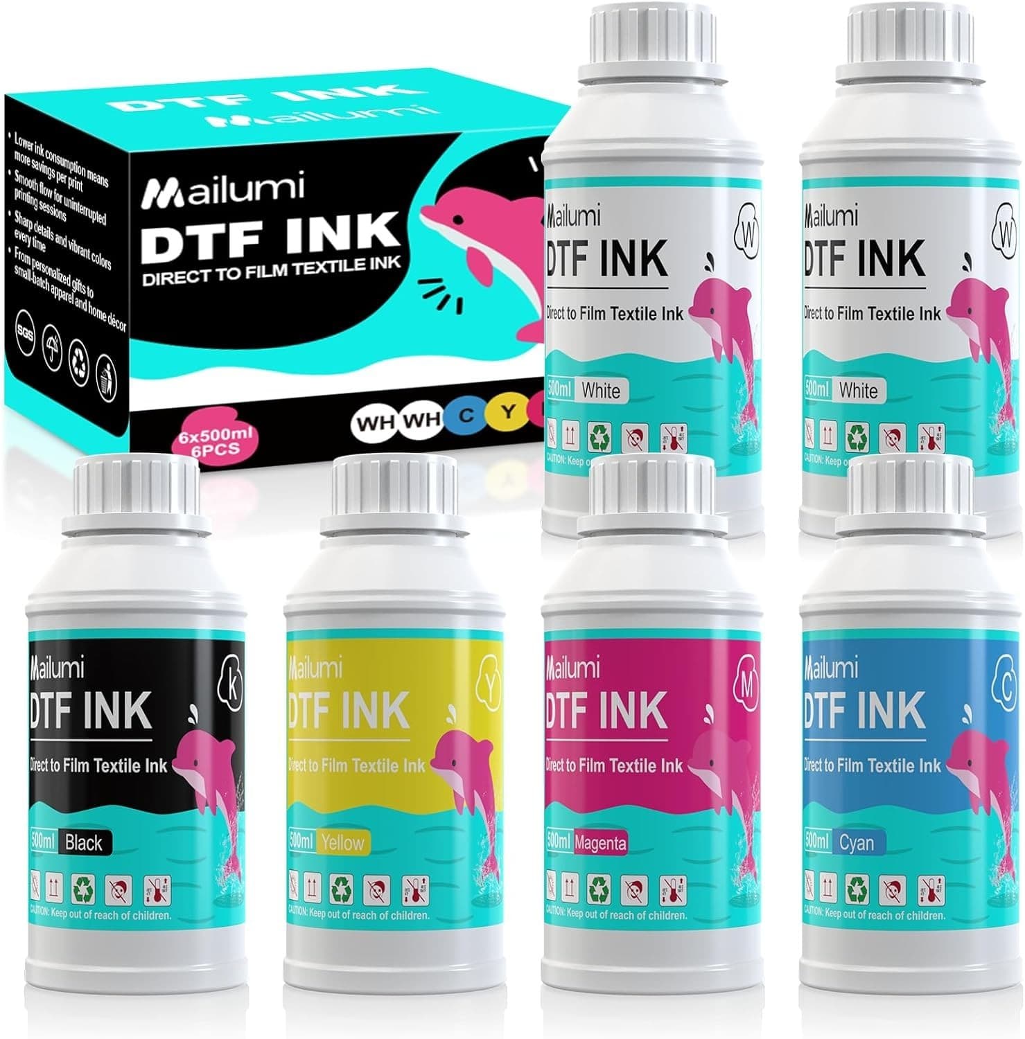 DTF Ink Premium Pro Bundle High Opacity White CMYK for T-Shirts Apparel