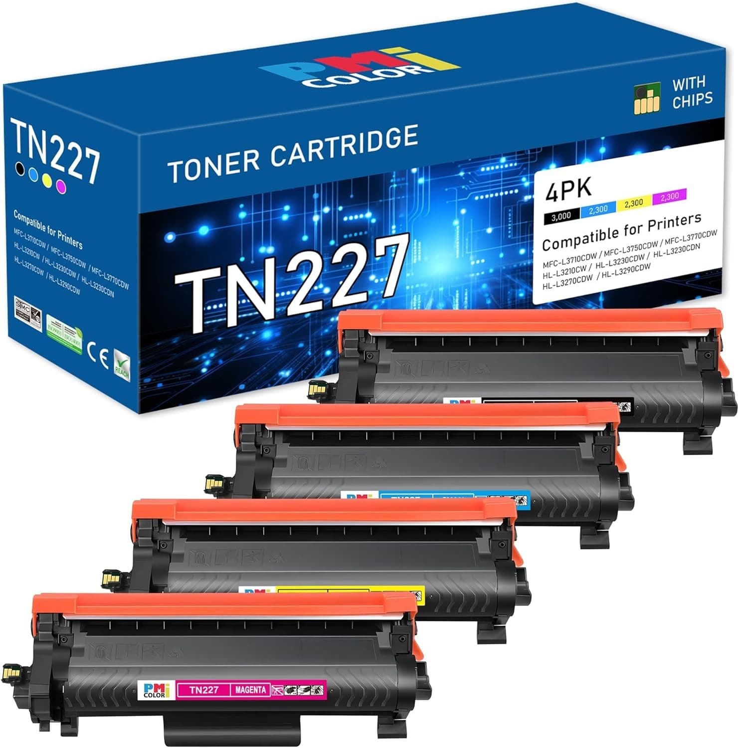 TN227 Toner Cartridge 4-Pack for Brother HL-L3210CW L3230CDW High Yield