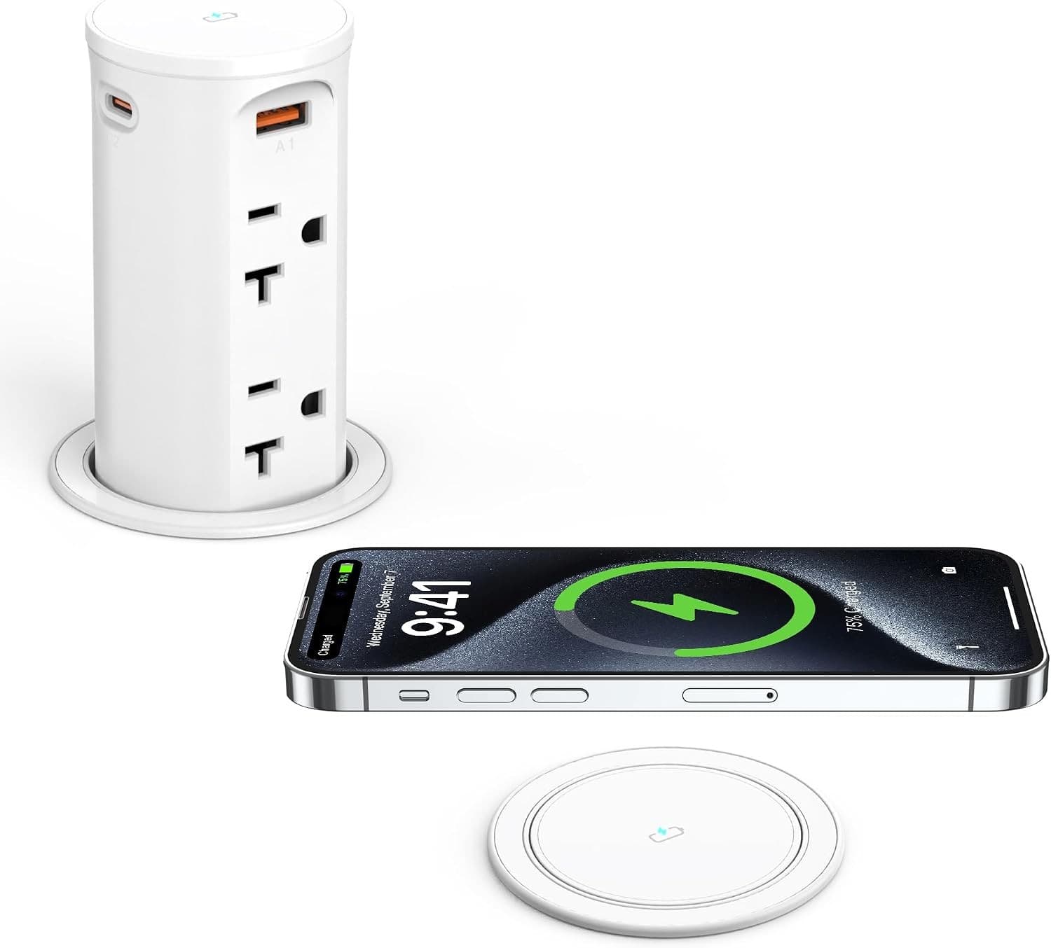White 20Amp Pop Up Outlet Countertop 15W Wireless Charging Pad 20W USB C 2.5 Inc