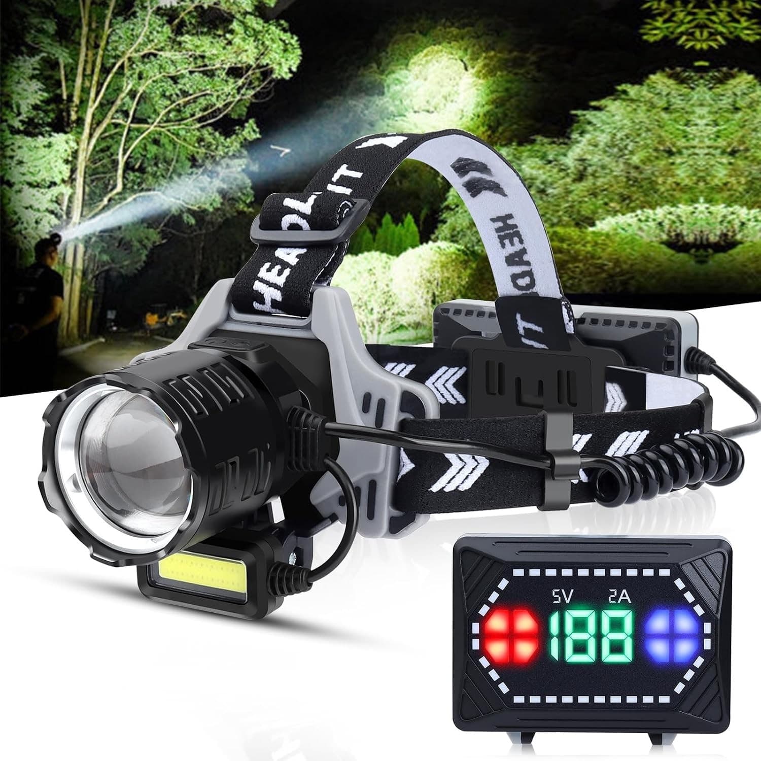 XHP99 Headlamps Black 2000 Rechargeable LED Headlamp 2000 Lumens Super Bright He