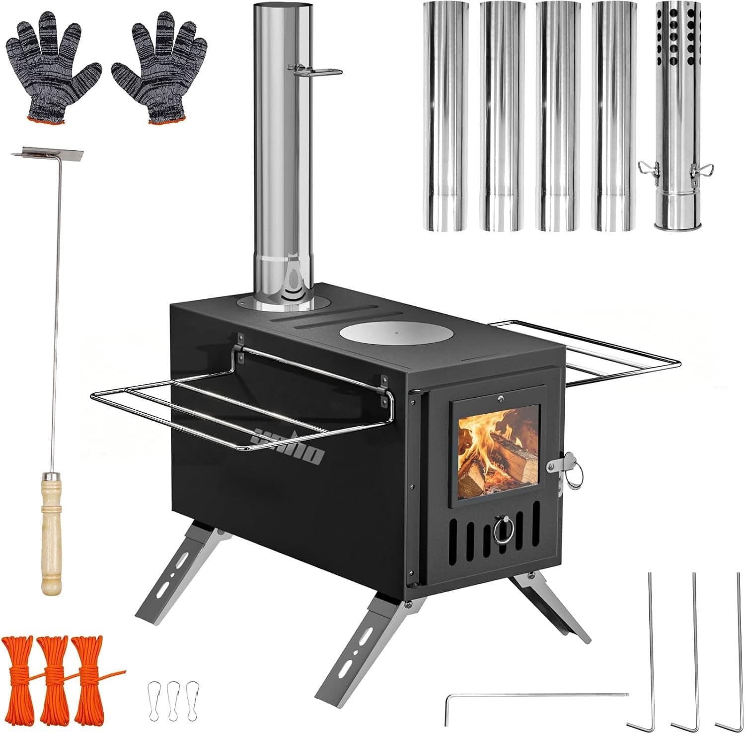 Vrygle Portable Wood Burning Hot Tent Stove with 6 Chimney Pipes