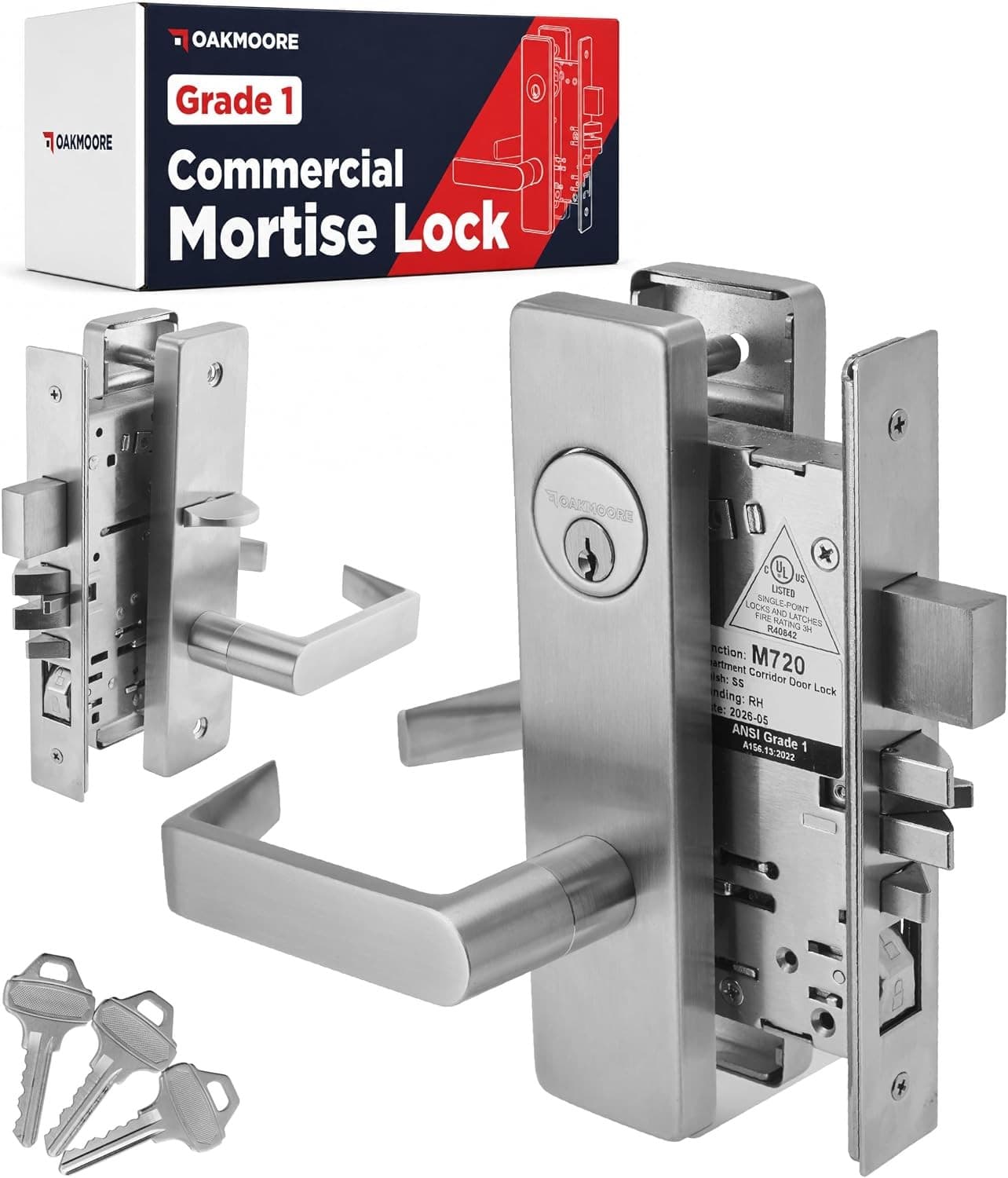 OAKMOORE Grade 1 F20 Commercial Mortise Lock Set Satin Stainless Steel