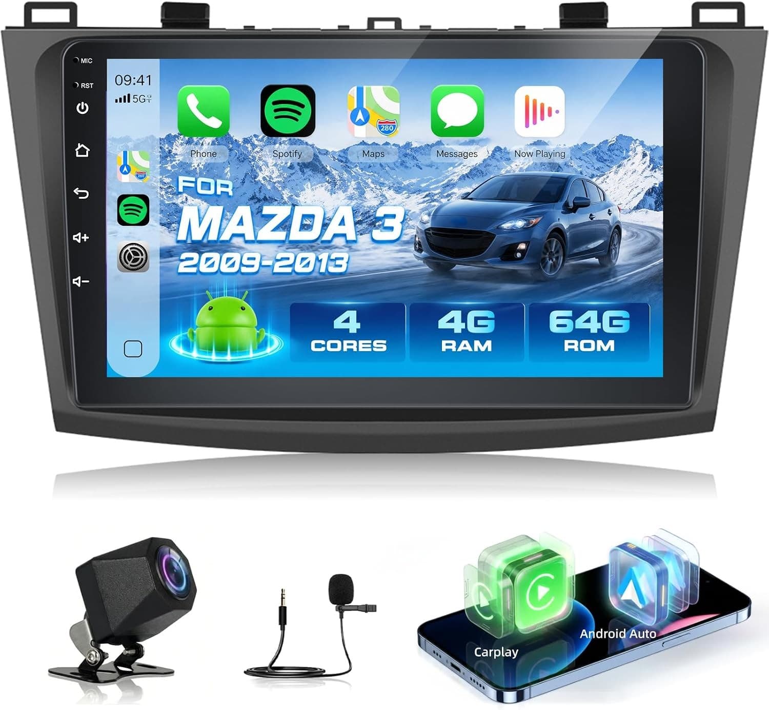Volxcereo 9in Car Stereo Mazda 3 2009-2013 4GB+64GB CarPlay GPS