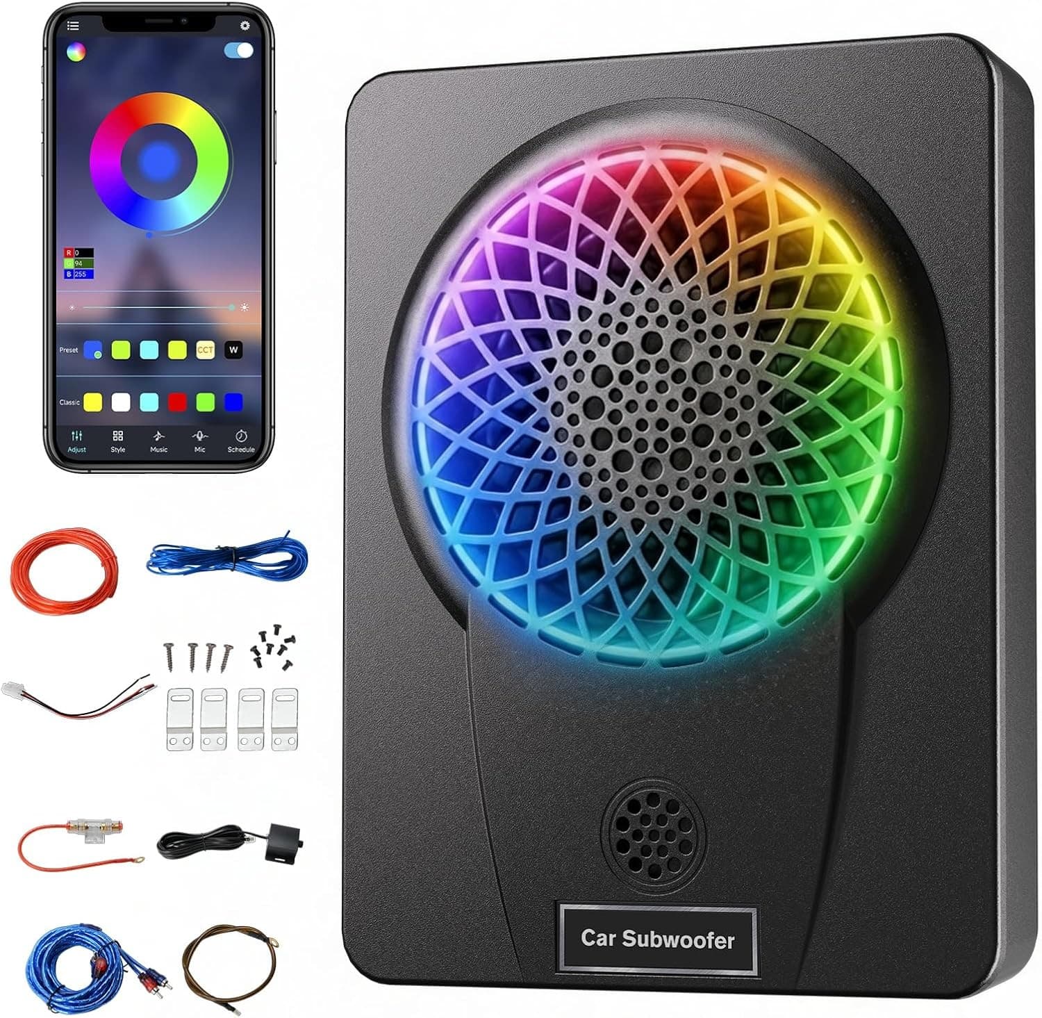 litillbuly 10in 1200W Powered Underseat Car Subwoofer RGB SUB112